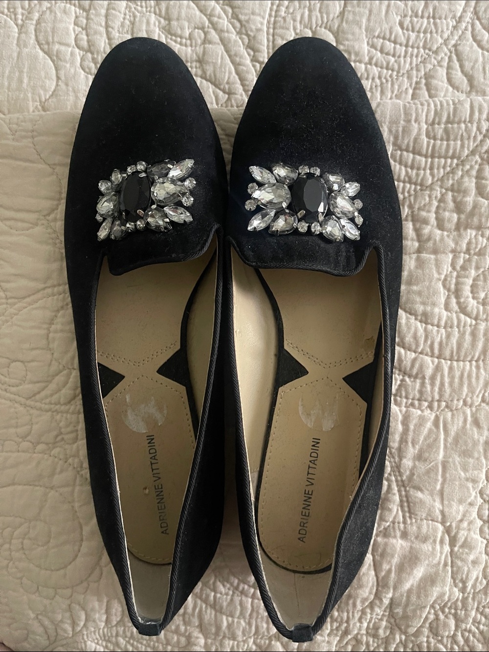 Adrienne Vittadini Black Suede Flats with Crystal Brooch